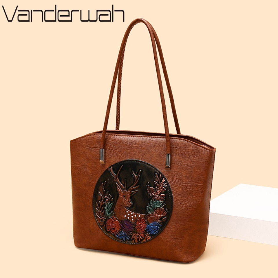 Leatherwork Workshop - Women Vintage Embossed Deer Floral Tote