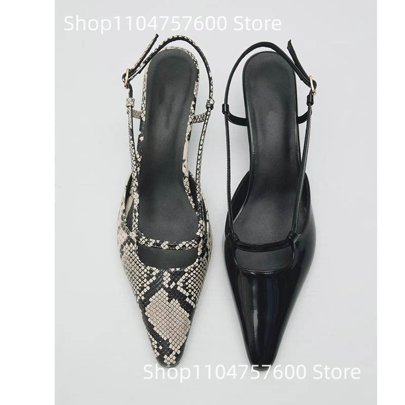 Leather Work Dress - Women's Slingback Pointed Toe Low Thin